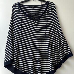 TALBOTS Knit Lace-Up Poncho Cape Black & White Striped V-neck Lightweight Sz S